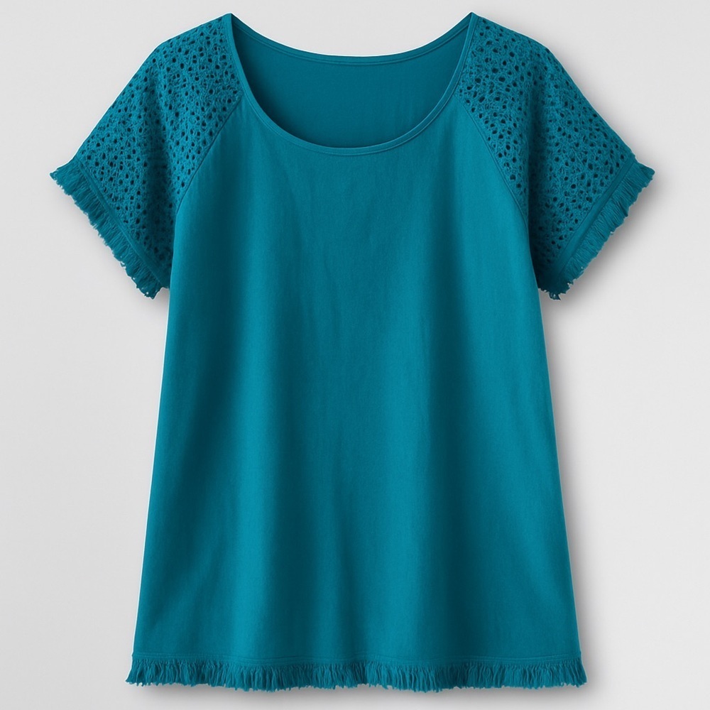 Teal Linen Blend Tunic Top Crochet Lace Sleeves Fringe Hem Umgee EUC M #1197